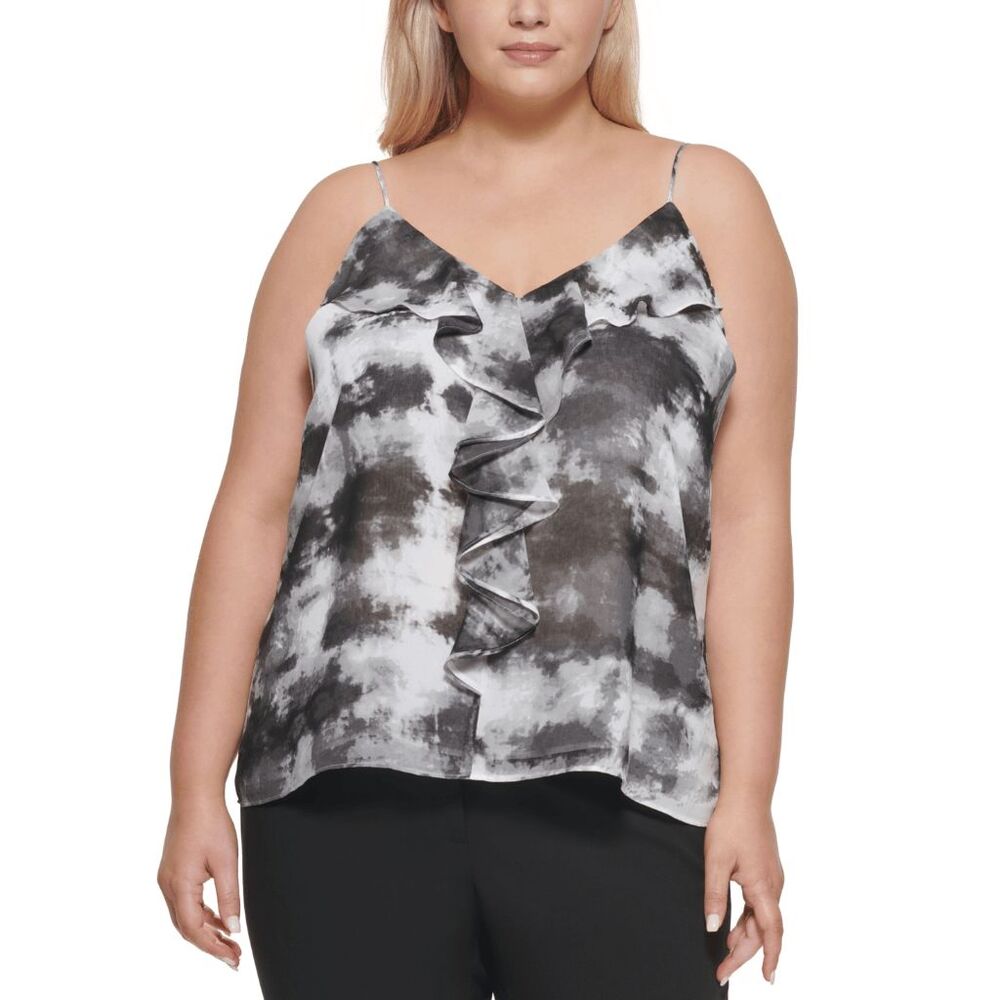 Calvin Klein Women's Plus Size Tie-Dyed Ruffled Camisole - Charcoal 1X